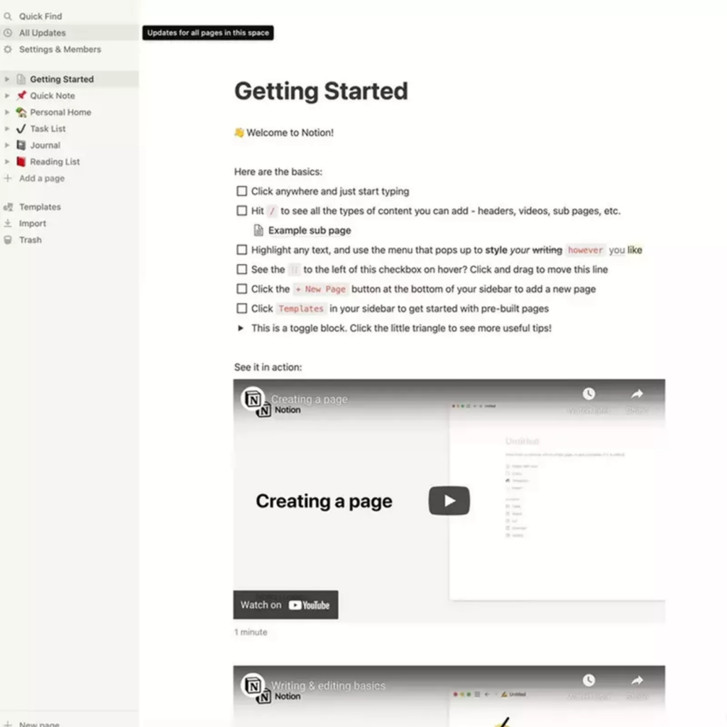 Notion example: welcome screen with a task list and video tutorials