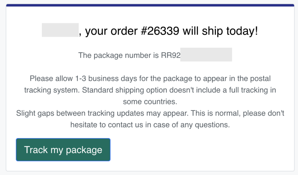 Email notification with a link for tracking a package